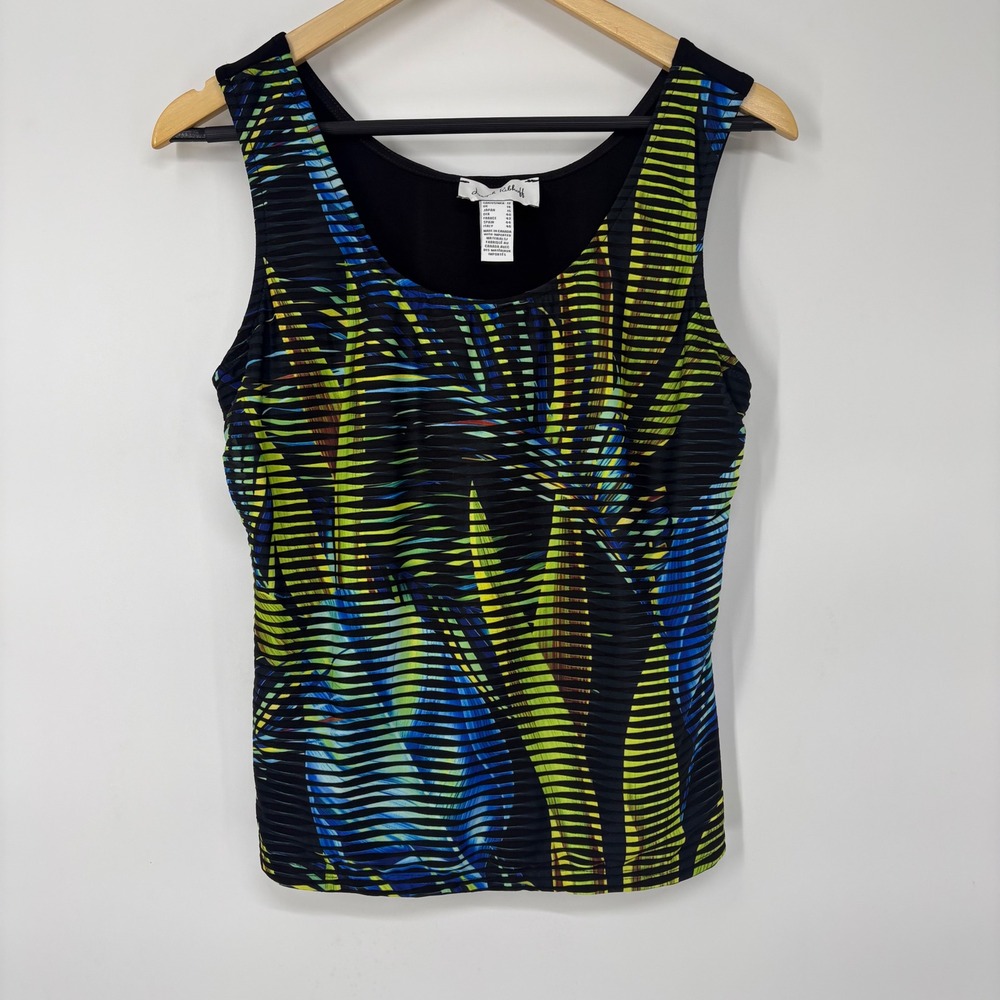 Joseph Ribkoff Womens Tropical Palm Leaf Ribbed Tank Top 12 Stretch Black Resort